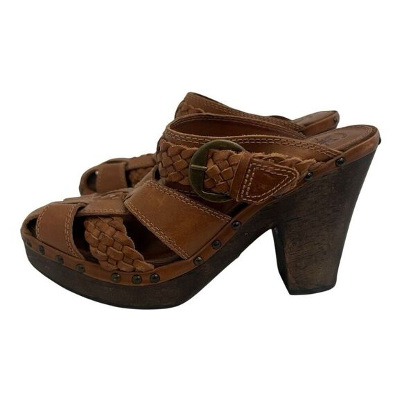 Frye Womens Size 8.5 Woven Leather Sandals Brown Wood Heel Boho Platform Clogs - Picture 4 of 8
